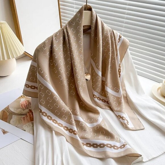 2/$30 NEW Tan Cream Camel Neutral Geometric Printed Silky Fashion Head Scarf - Picture 1 of 8